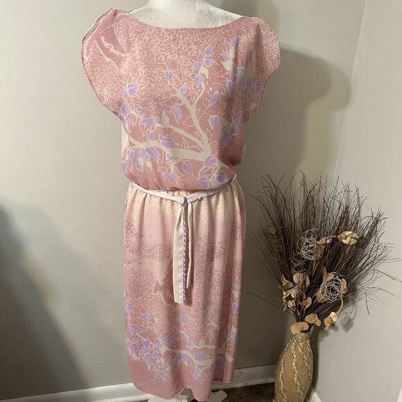Vtg 80s Unbranded Pink Floral Elastic Waist Sheer Slit Midi Dress Belt Sz M ? - Picture 1 of 9